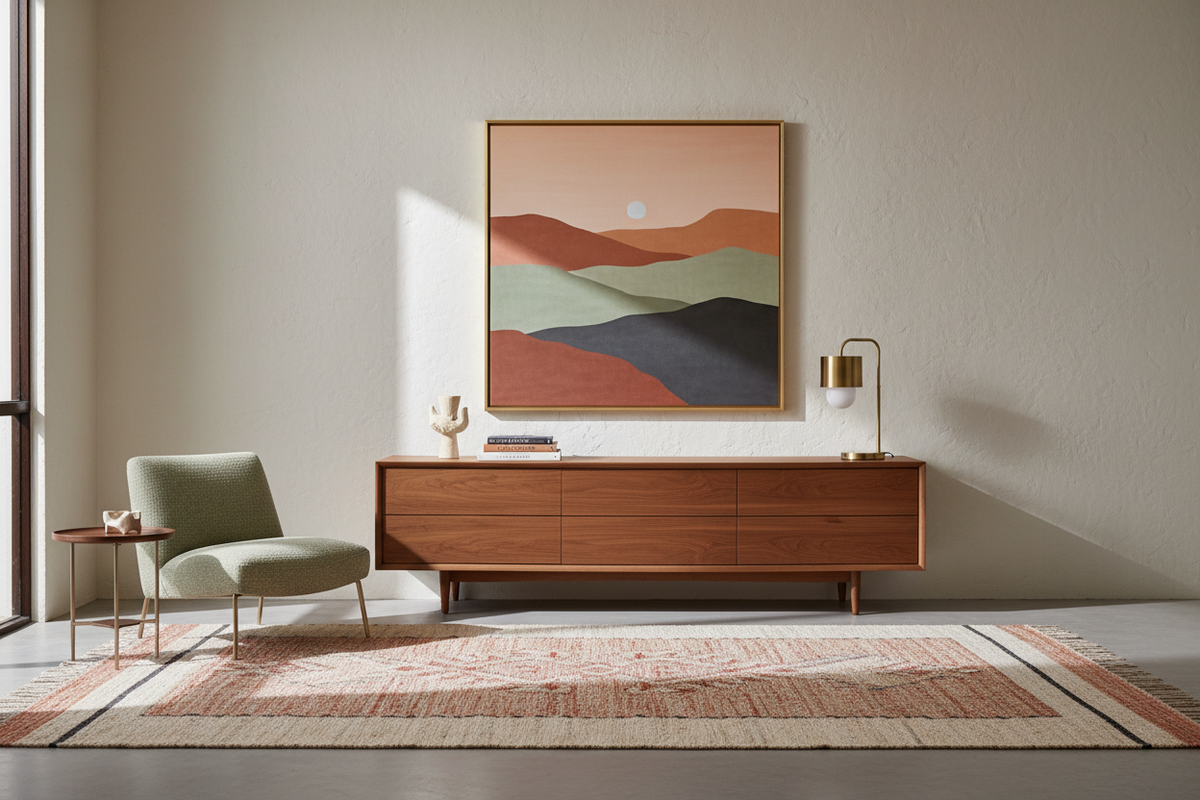 Mid-century modern framed wall art above a warm walnut bedroom dresser