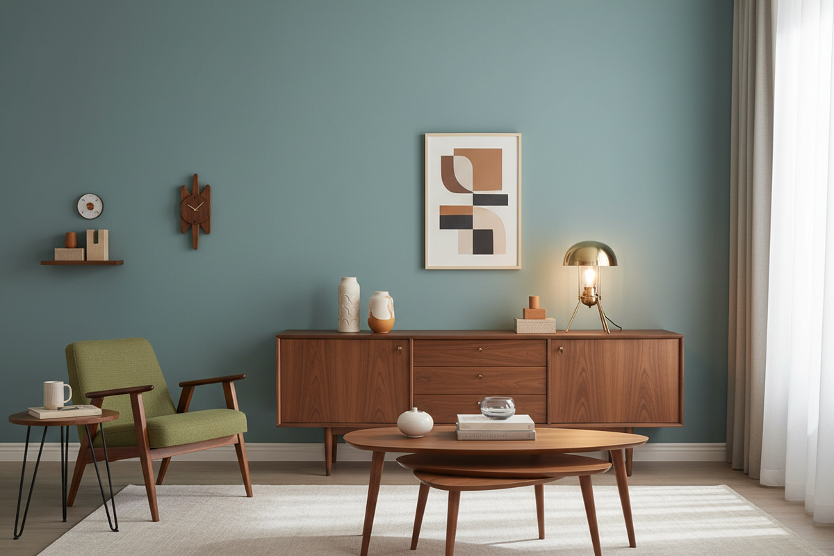 Mid-Century Modern living room with walnut credenza, tapered-leg chair, hairpin side table, kidney-shaped table, nesting tables, and sculptural lighting