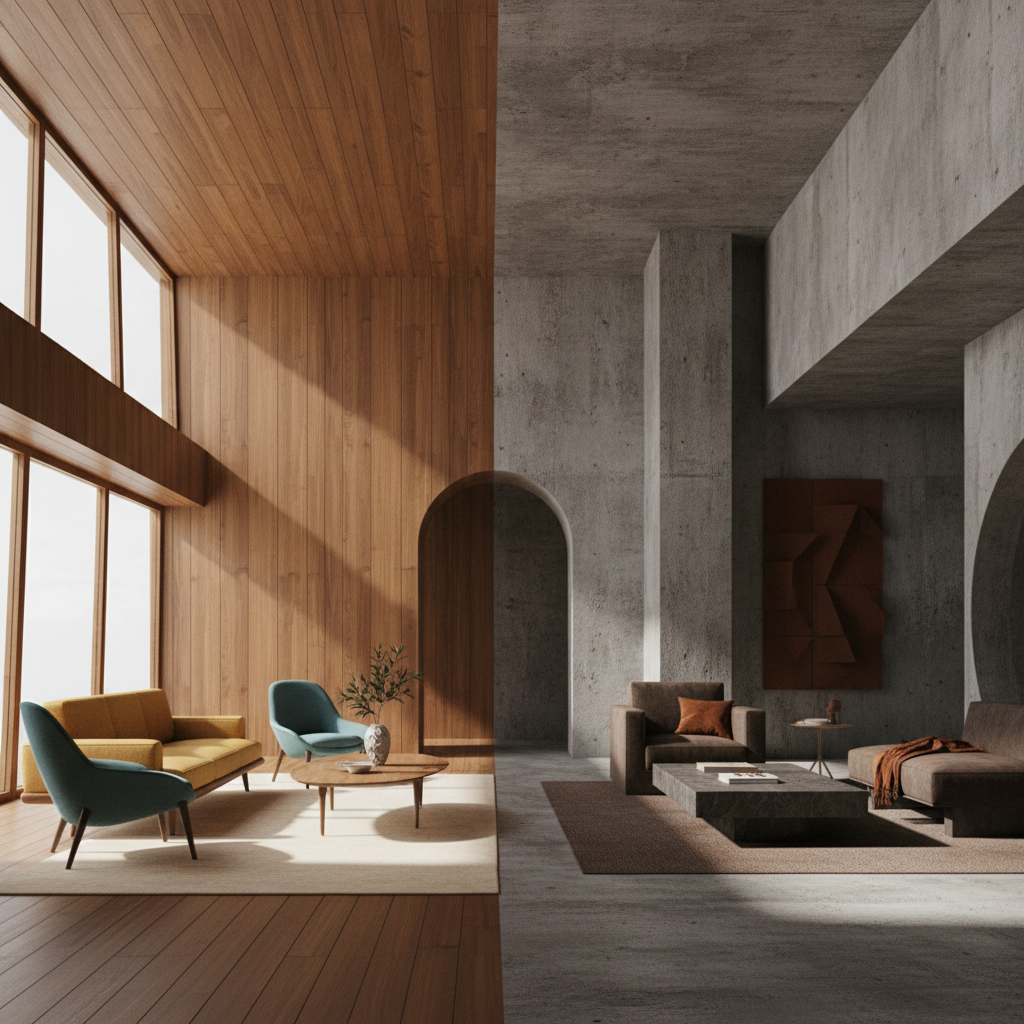 Mid-Century Modern vs. Brutalism: Materials, Shapes, and Mood