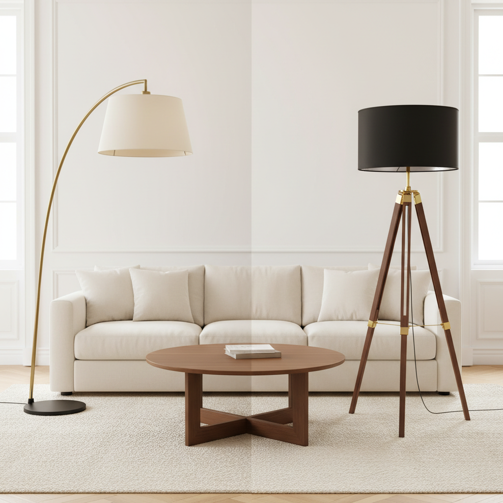 Arc and tripod mid-century modern floor lamps compared