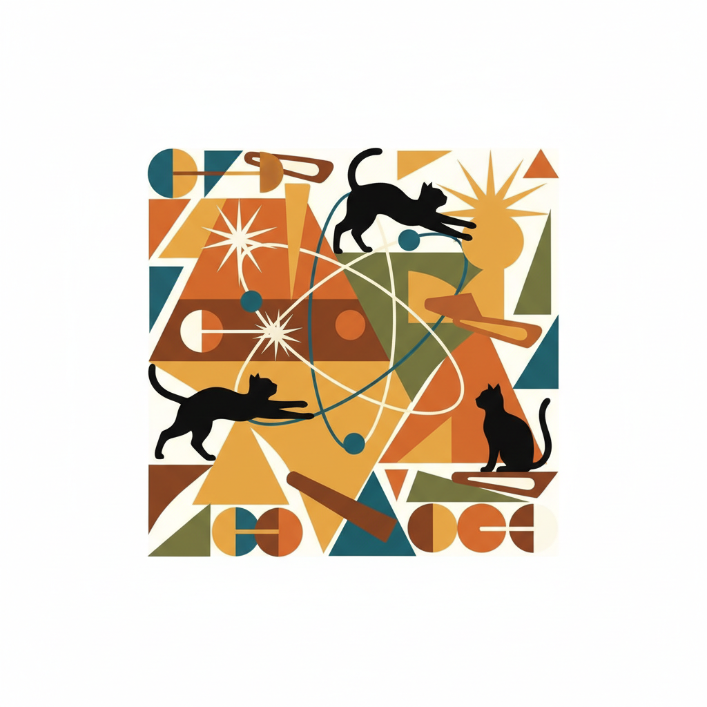 Playful Atomic Cat decor with black cat silhouettes and mid-century geometric motifs