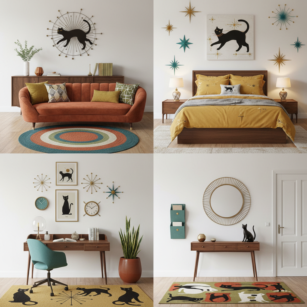Mid-century modern room mixing a vintage walnut cabinet, current clean-lined seating, retro wall art, and one playful Atomic Cat accent