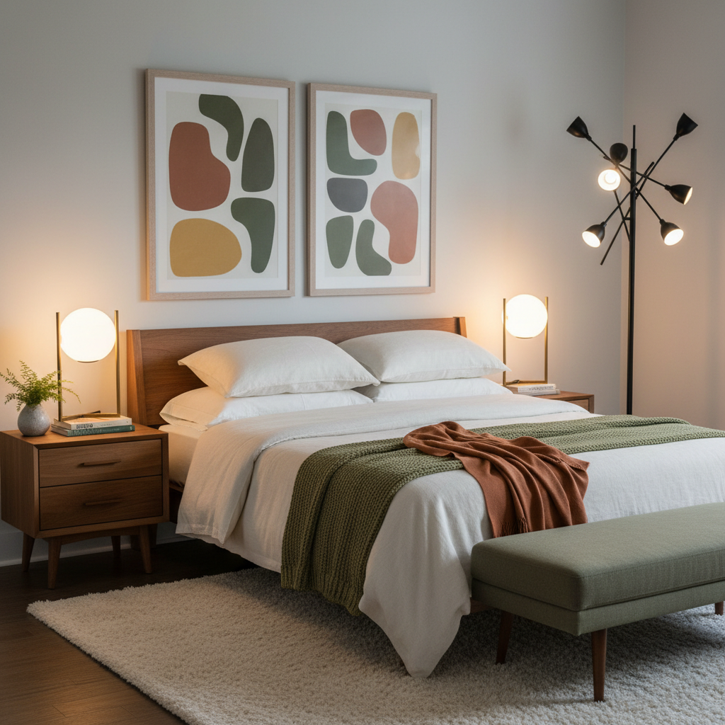 Warm mid-century modern bedroom lighting with bedside lamps and framed art