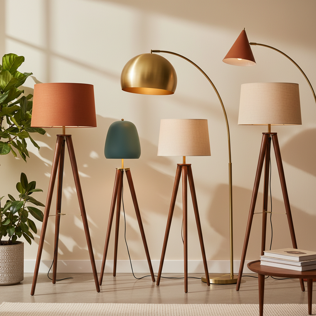 Sculptural mid-century modern floor lamps in walnut, brass, and warm retro colors