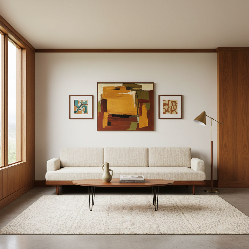 Correctly scaled mid-century modern art above a sofa