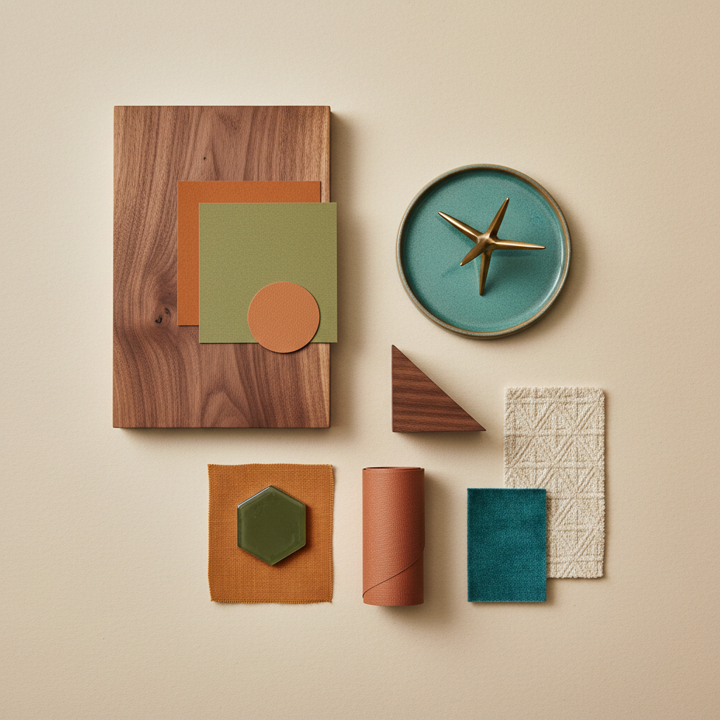 Mid-century modern color palette of ochre, walnut, olive, terracotta, teal, and cream