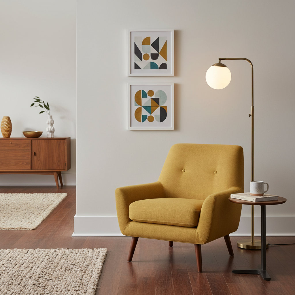 Mid-century modern floor lamp placed beside a reading chair
