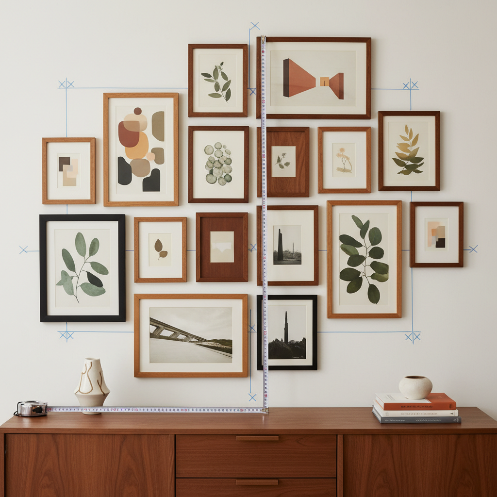 Mid-century modern room with walnut furniture, geometric wall art, and restrained Art Deco metallic accents
