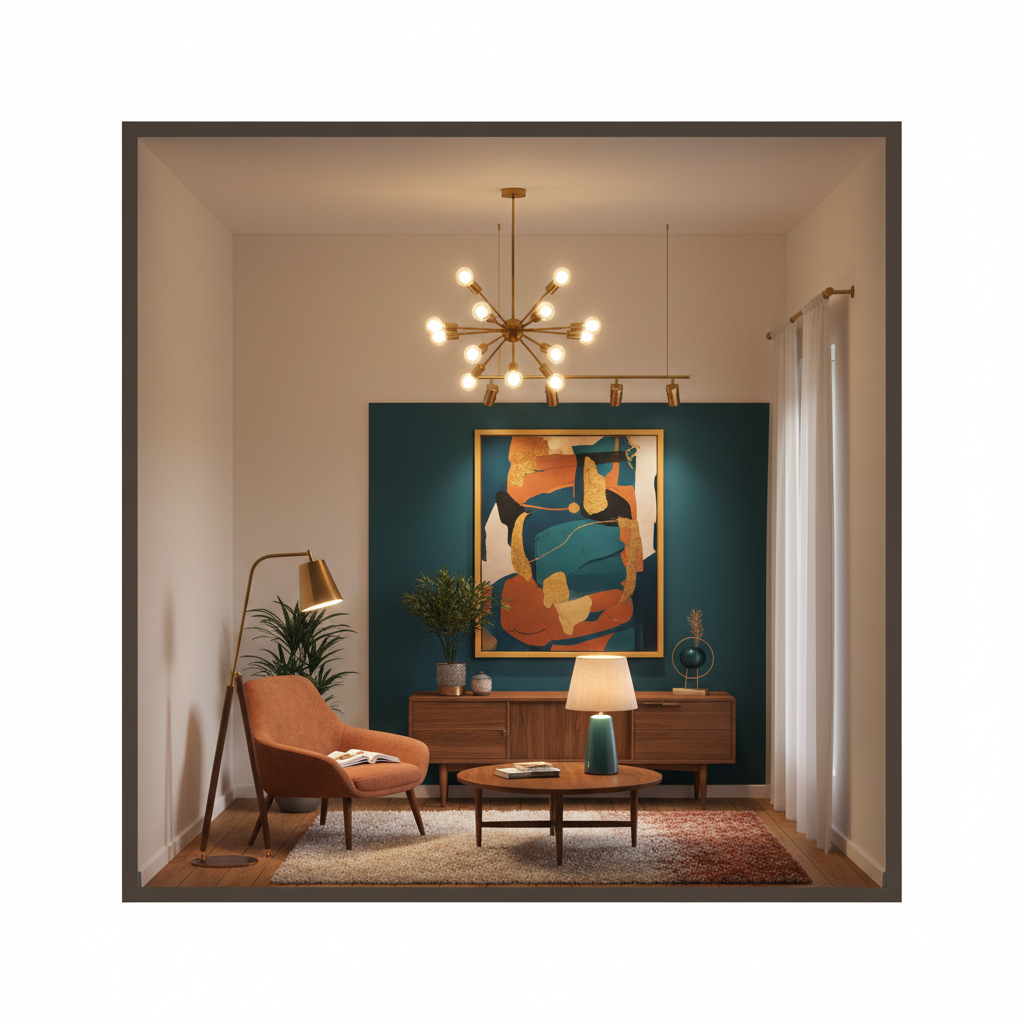 Layered ambient, task, accent, and decorative lighting in a mid-century modern home