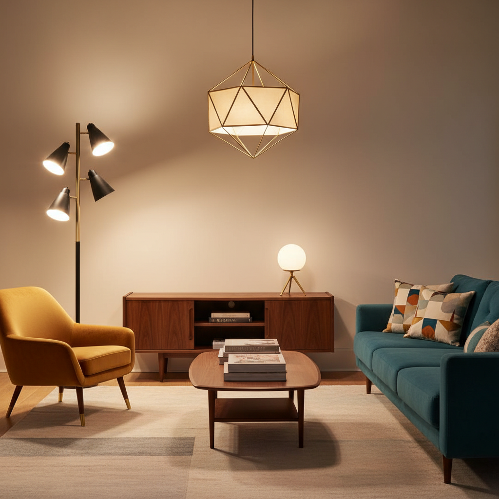 Layered mid-century modern lighting in a warm living room
