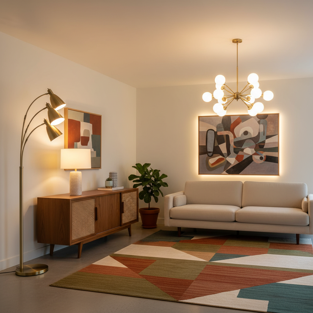 Layered mid-century modern living room lighting with floor and table lamps