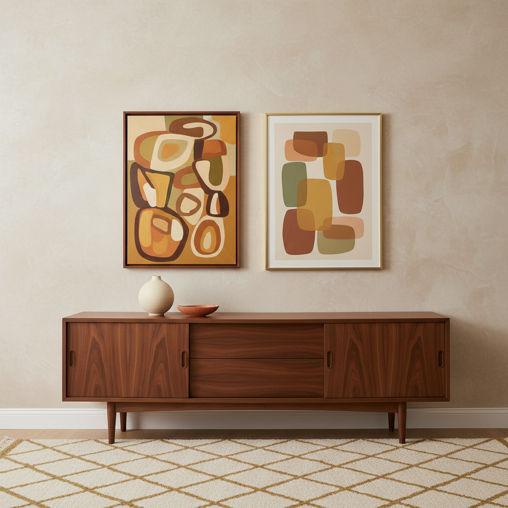 Mid-century modern room comparing a deep walnut cabinet with a golden teak side table, cream upholstery, olive accents, and geometric wall art