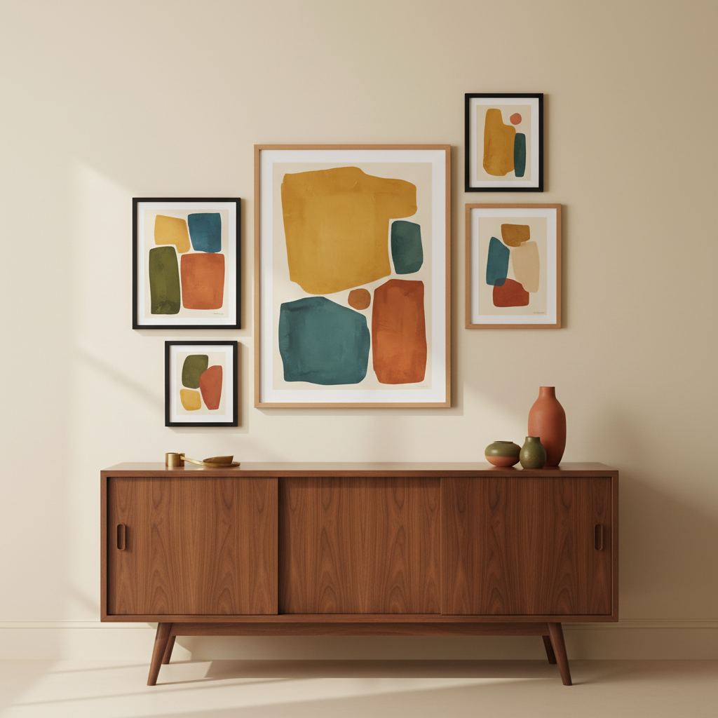 Sets of two and three mid-century modern prints arranged with measured spacing