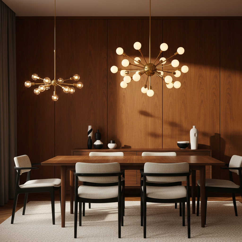 Starburst and Sputnik mid-century modern lighting in a warm dining room