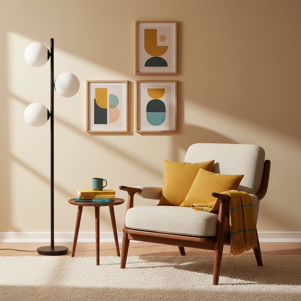 Mid-century modern reading nook styled with a sculptural floor lamp and geometric wall art
