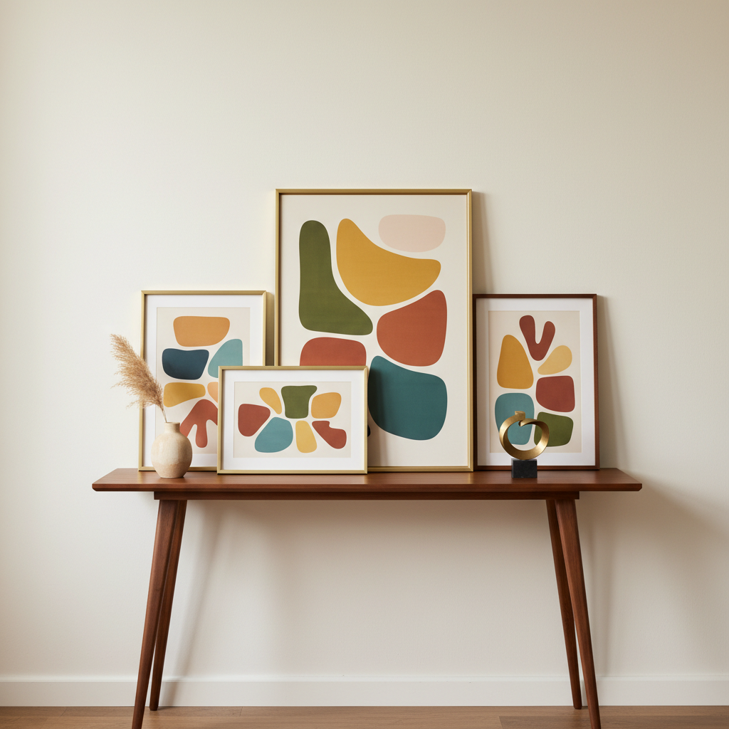 Mid-century modern wall art color palette styled with walnut furniture