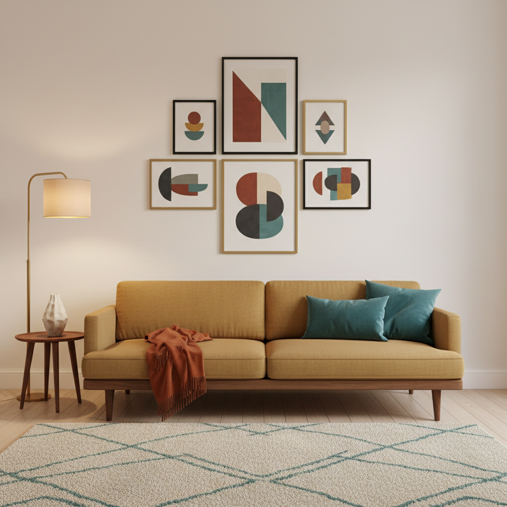 Mid-century modern wall art correctly scaled above a sofa