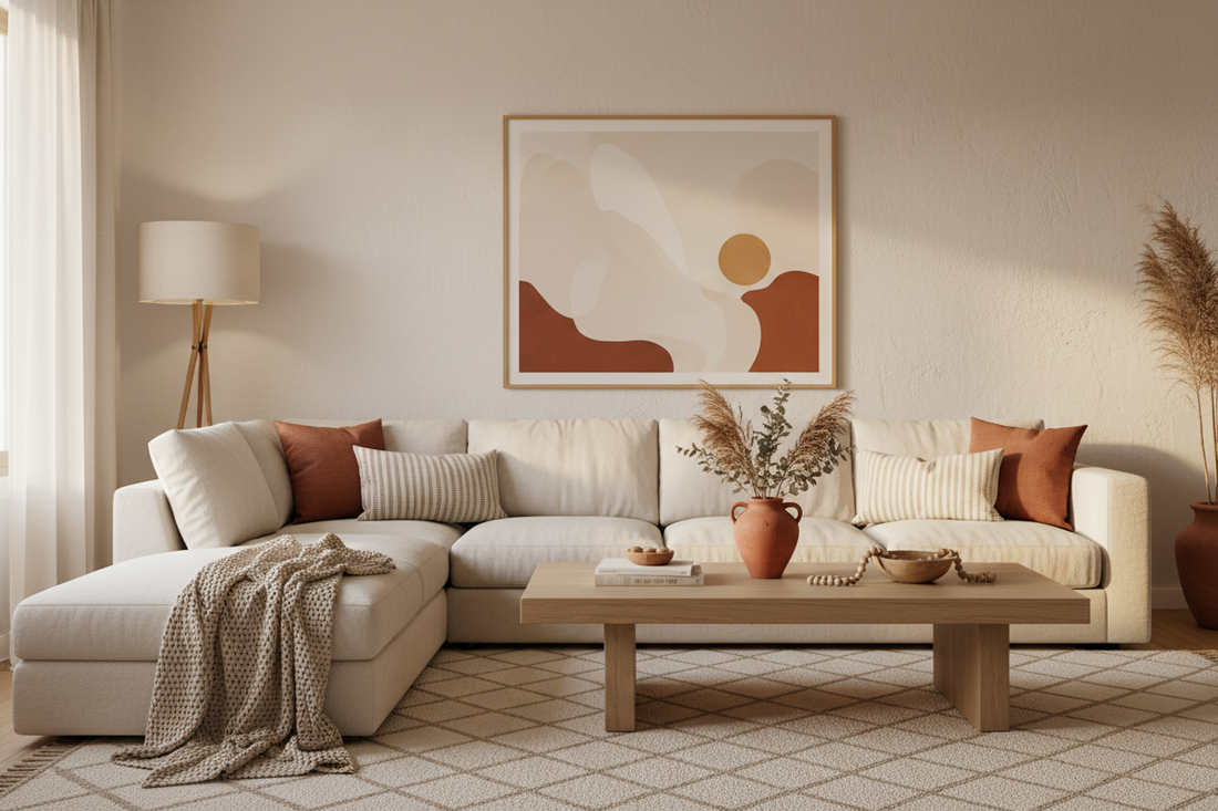 Modern living room styled with wall art, throw pillows, linen throw and woven rug