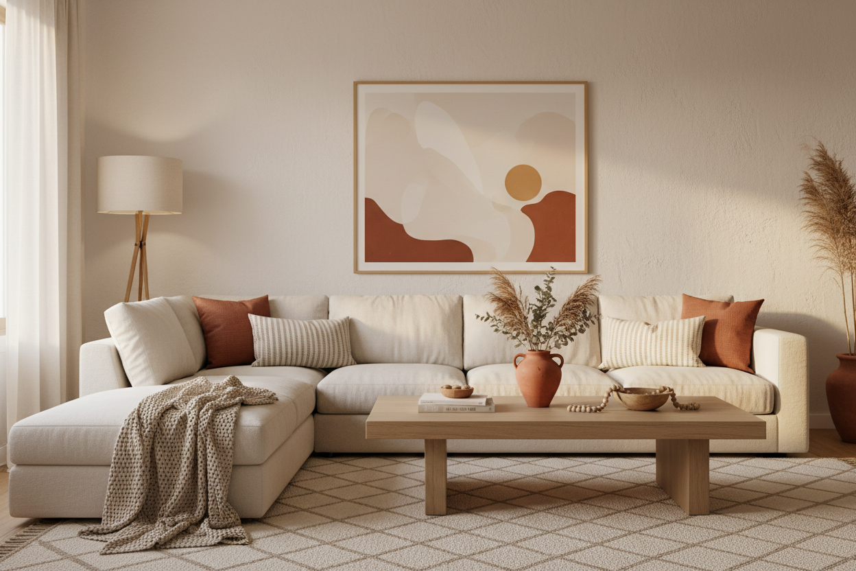 Modern living room styled with wall art, throw pillows, linen throw and woven rug