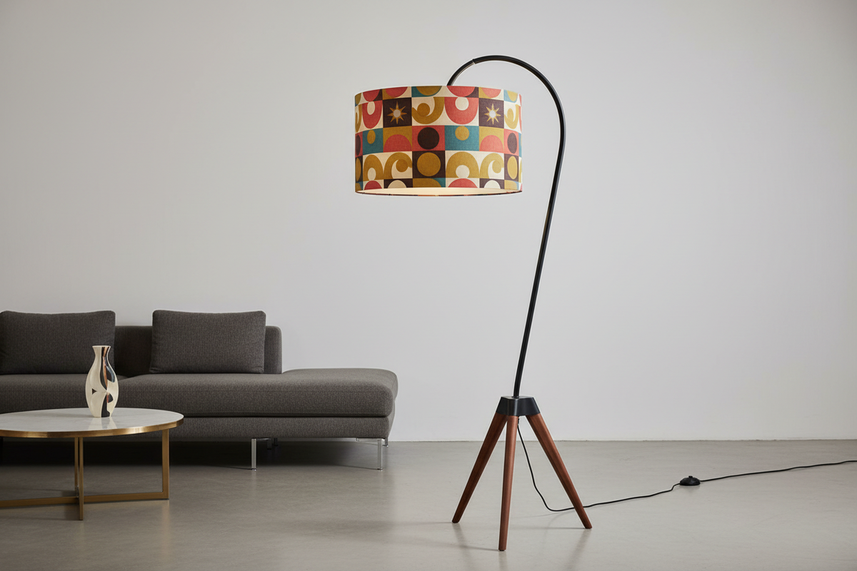 Retro mid-century modern floor lamp with a colorful atomic-era shade