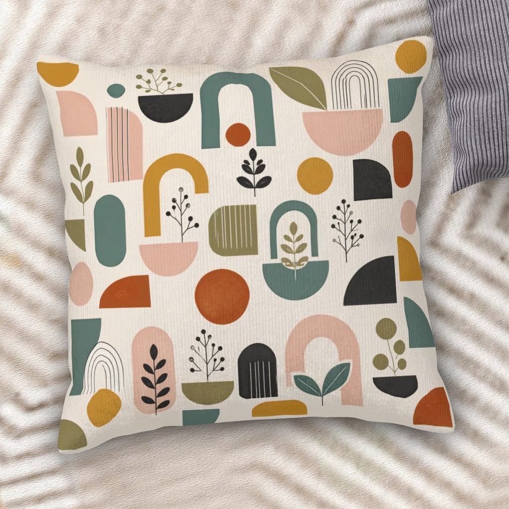 Mid-Century Modern Abstract Arch & Botanical Print Corduroy Throw Pillow