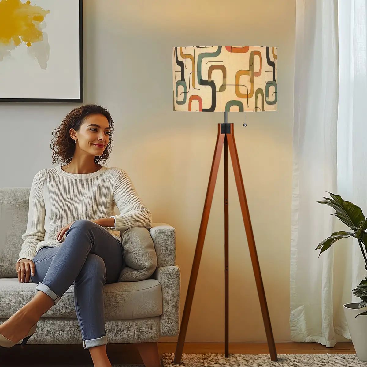 Mid-Century Modern Meander Print Tripod Floor Lamp