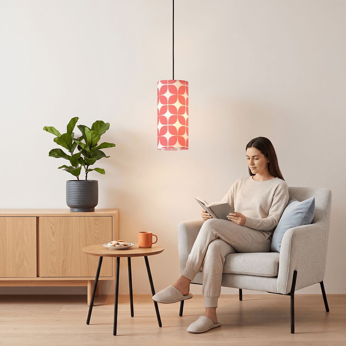 Mid-Century Modern Pendant Light in Pink Geometric | Cylinder Ceiling Light