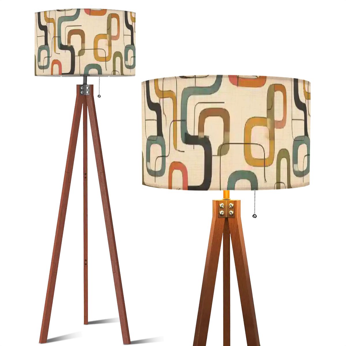 Mid-Century Modern Meander Print Tripod Floor Lamp