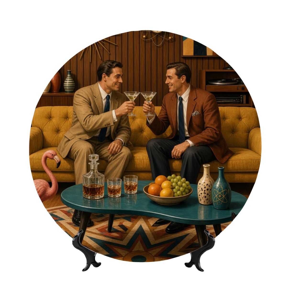 Mid-Century Modern Gay Couple Cocktail Hour Ceramic Decorative Plate