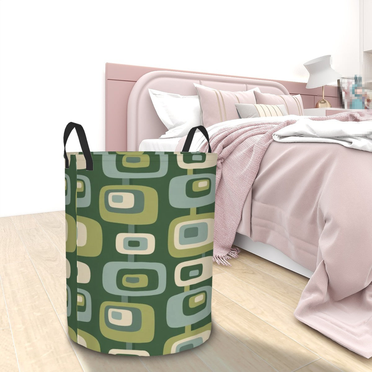 Mid-Century Modern Olive Green Geometric Laundry Basket