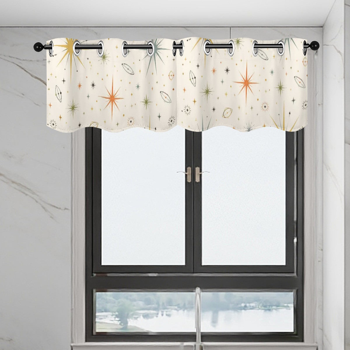 Mid-Century Modern Window Valance — Atomic Starburst, 2 Panels (52"×18")