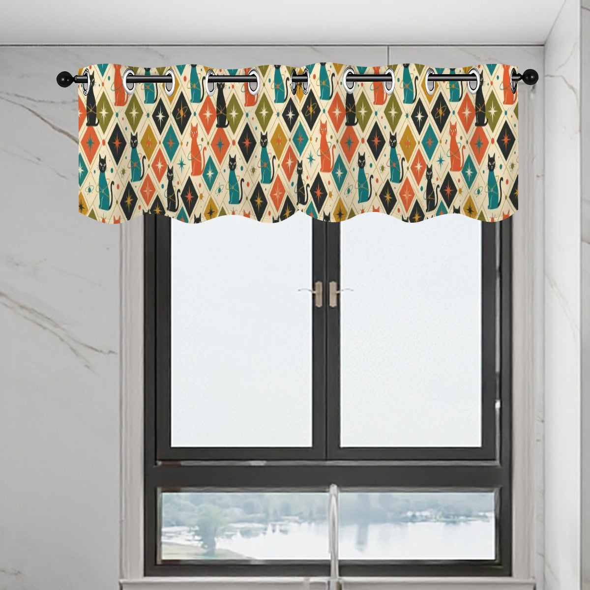 Mid-Century Modern Window Valance — Retro Diamond Ikat, 2 Panels (52"×18")