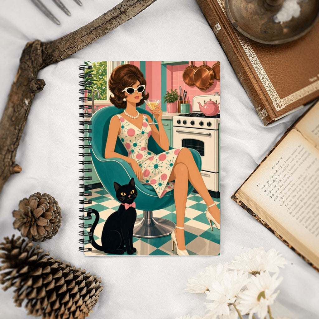 Mid-Century Modern Atomic Cat Muse Spiral Notebook