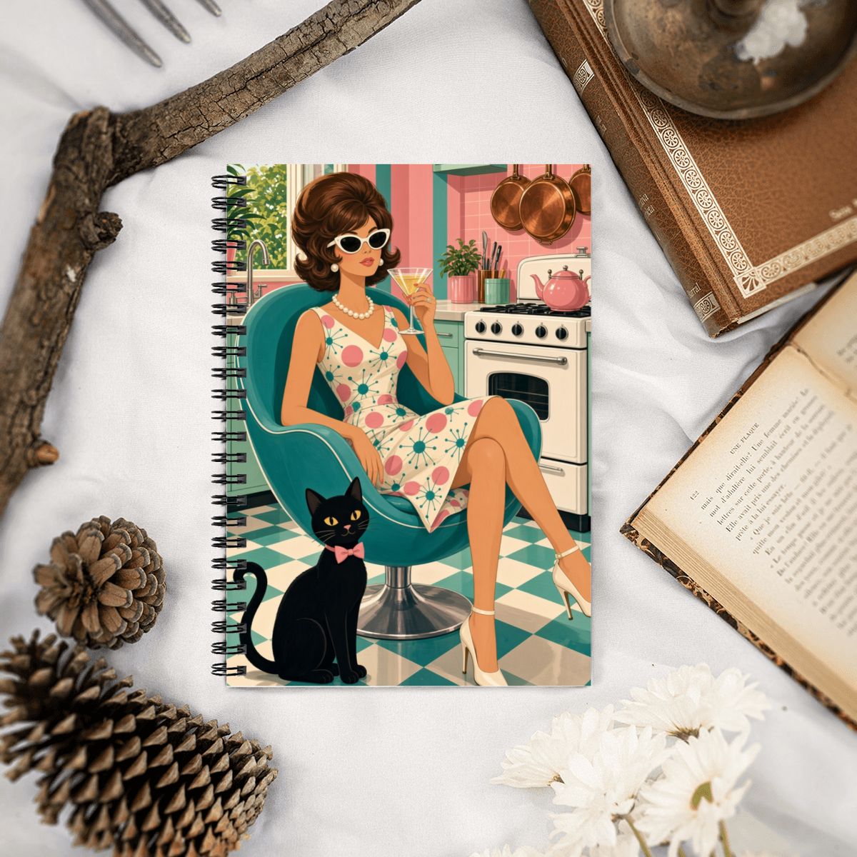 Mid-Century Modern Atomic Cat Muse Spiral Notebook