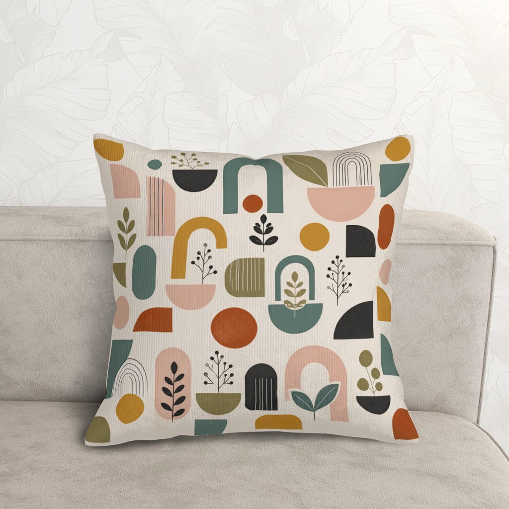 Mid-Century Modern Abstract Arch & Botanical Print Corduroy Throw Pillow