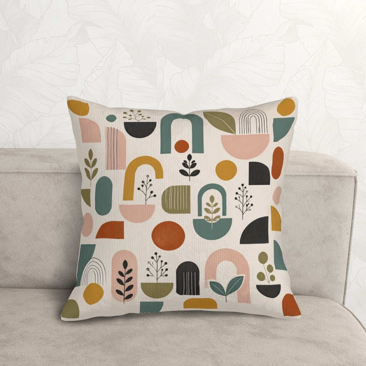 Mid-Century Modern Abstract Arch & Botanical Print Corduroy Throw Pillow