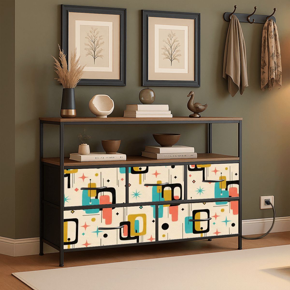 Color-Block Geometric Five-Drawer Mid-Century Modern Media Console