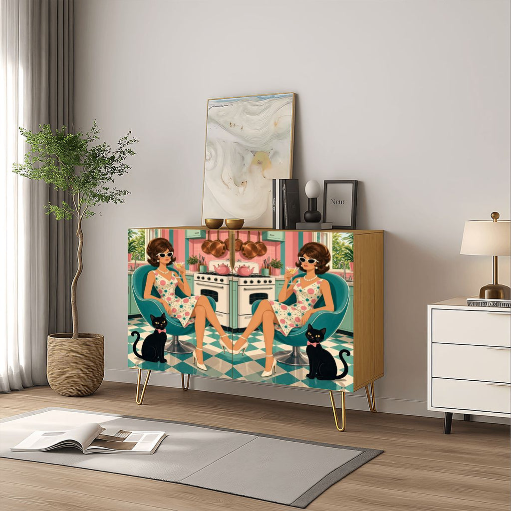 Retro Woman & Black Cat Print Mid-Century Modern Media Console