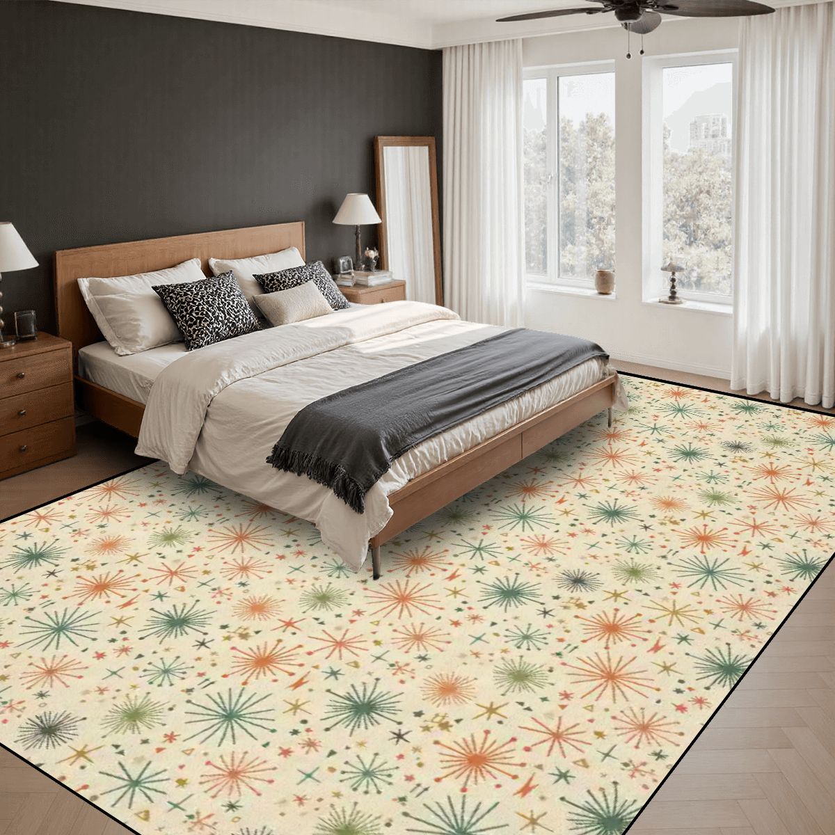 Mid-Century Modern Starburst Area Rug | Non-Slip Plush Floor Carpet