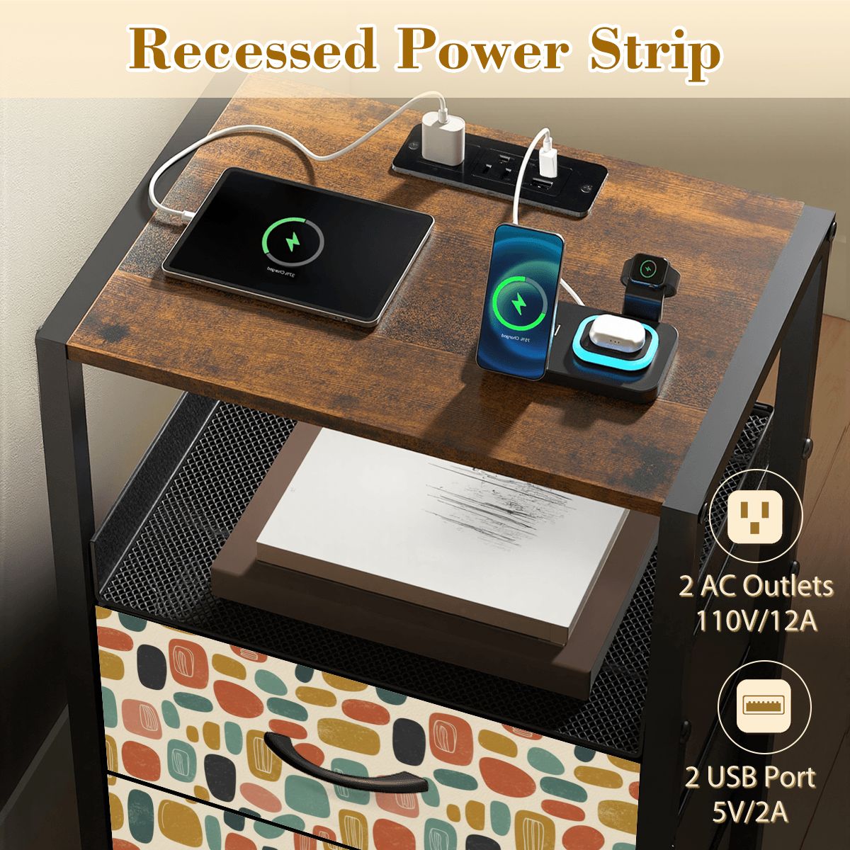 Mid-Century Modern Pebble Nightstand with Charging Station | 2-Drawer Bedside Table