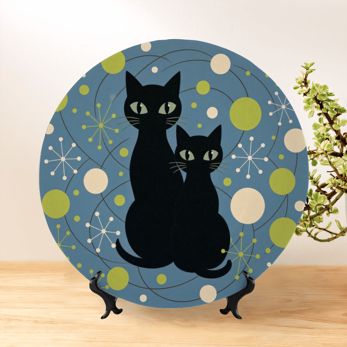 Mid-Century Modern Atomic Cat Moonlight Duo Ceramic Decorative Plate