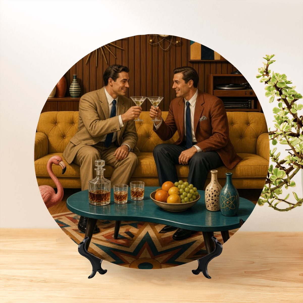 Mid-Century Modern Gay Couple Cocktail Hour Ceramic Decorative Plate