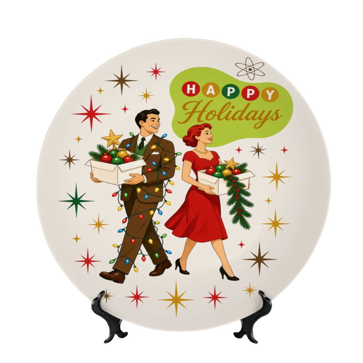 Mid-Century Modern Happy Holidays Dancing Couple Ceramic Decorative Plate