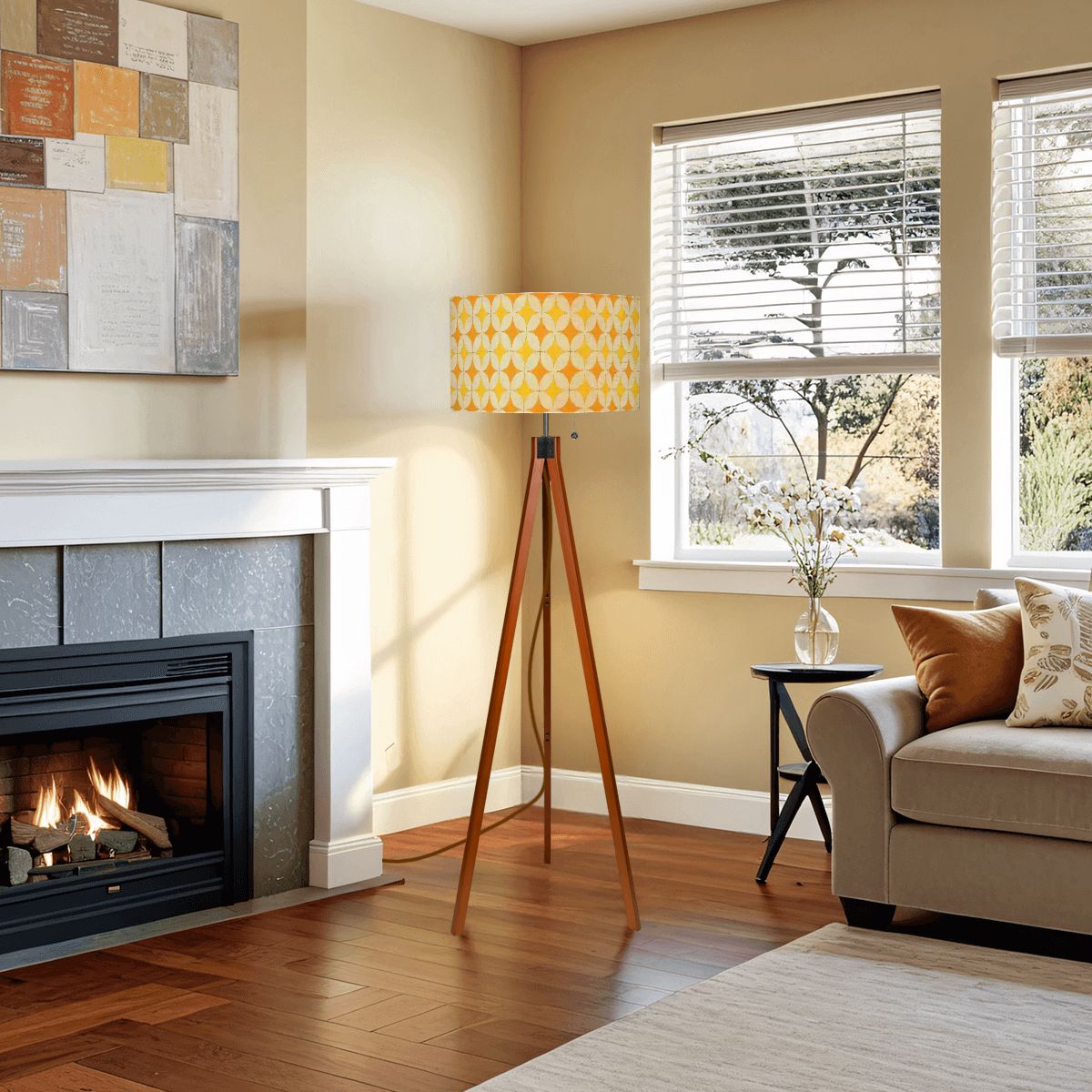 Mid-Century Mustard Geometric Tripod Floor Lamp