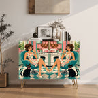Retro Woman & Black Cat Print Mid-Century Modern Media Console