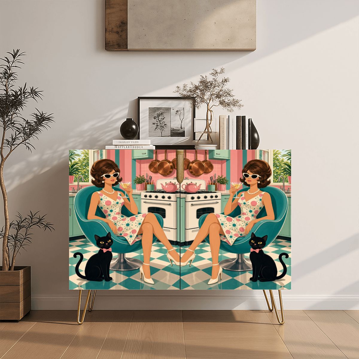 Retro Woman & Black Cat Print Mid-Century Modern Media Console