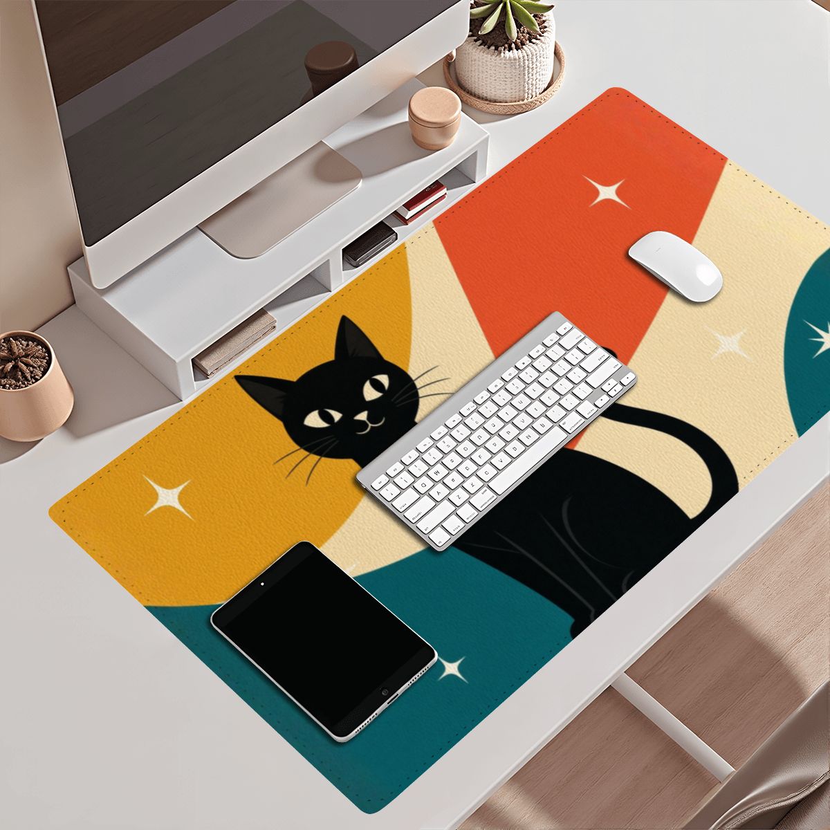 Mid-Century Modern Atomic Cat Colorblock Extended Mouse Pad