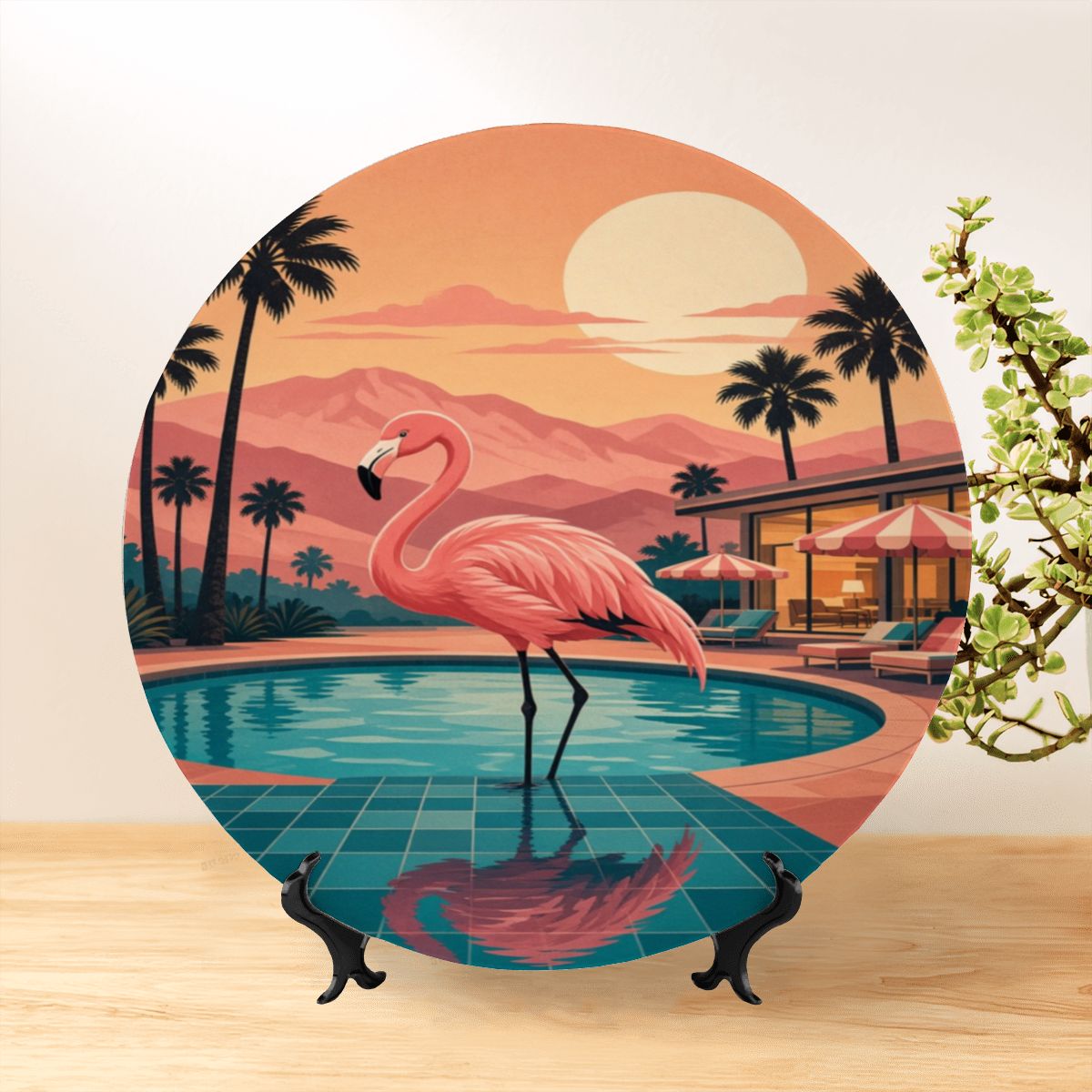 Mid-Century Modern Palm Springs Flamingo Poolside Ceramic Decorative Plate