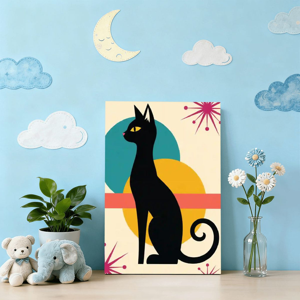Mid-Century Modern Black Cat Framed Canvas Art