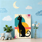 Mid-Century Modern Black Cat Framed Canvas Art